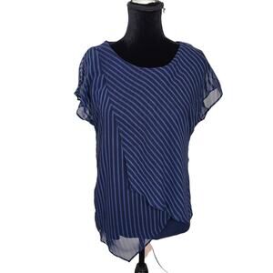 Chico's Women's Navy Stripped Mesh Layers  Cap Short Sleeves Tulip Hem Career S